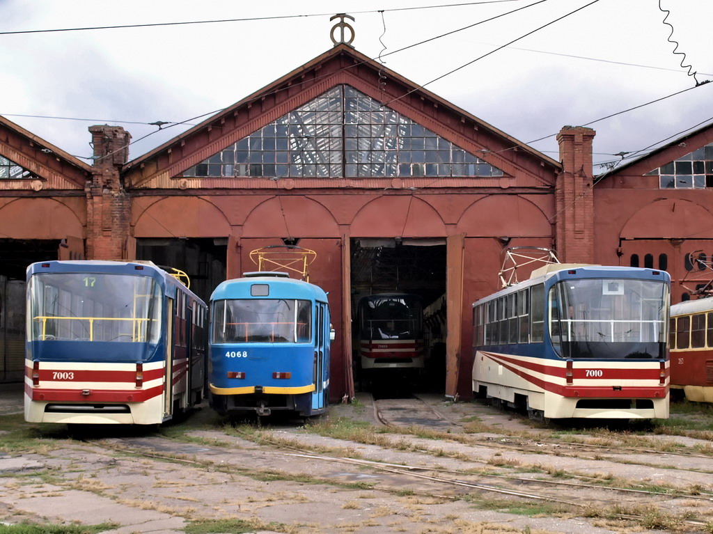 Odesa, K1 Nr. 7003; Odesa, Tatra T3R.P Nr. 4068; Odesa, K1 Nr. 7010; Odesa — Tramway Depot #1 & ORZET