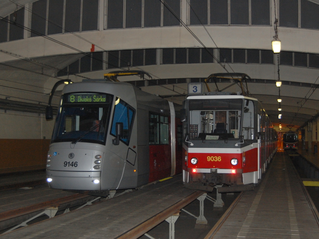 Прага, Tatra KT8D5 № 9036; Прага, Škoda 14T Elektra № 9146; Прага — Трамвайные депо