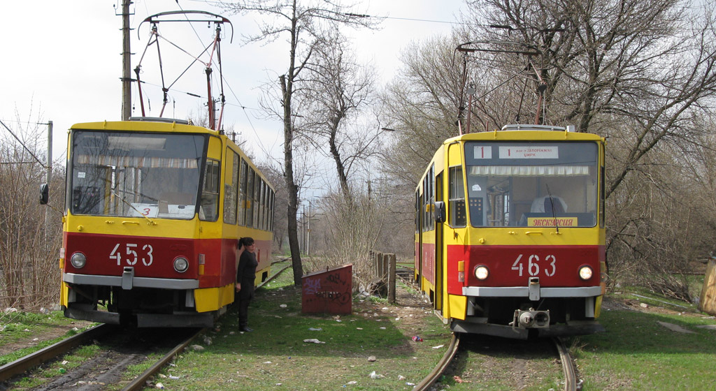 Zaporižia, Tatra T6B5SU nr. 453; Zaporižia, Tatra-Yug T6B5 nr. 463; Zaporižia — Fantrip on the Tatra-Yug T6B5 #463 tram (3 Apr 2010)