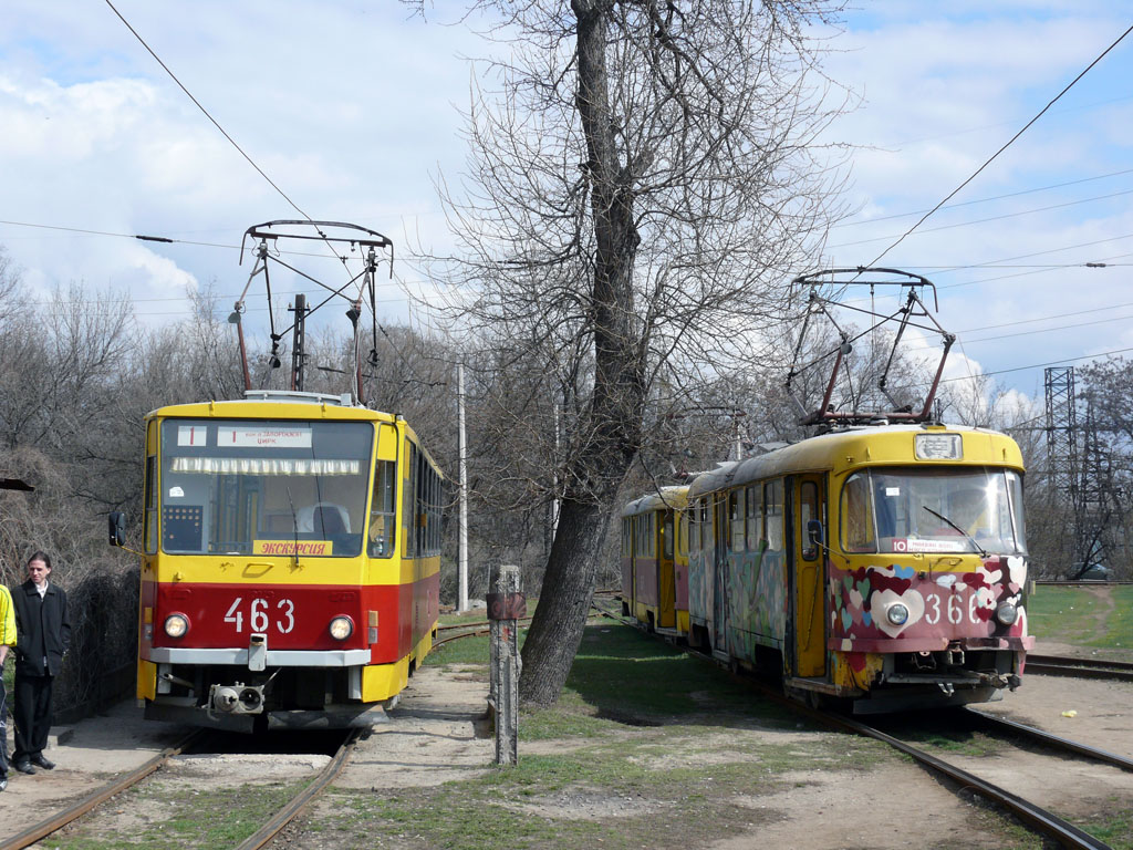 Zaporižia, Tatra-Yug T6B5 nr. 463; Zaporižia, Tatra T3SU nr. 366; Zaporižia — Fantrip on the Tatra-Yug T6B5 #463 tram (3 Apr 2010)