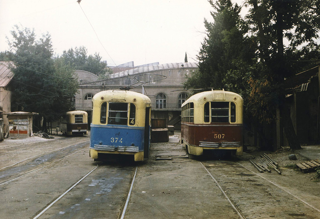 Tbilisi, RVZ-6M nr. 374; Tbilisi, RVZ-6M2 nr. 507; Tbilisi, RVZ-6M2 nr. 515; Tbilisi — Old photos and postcards — tramway