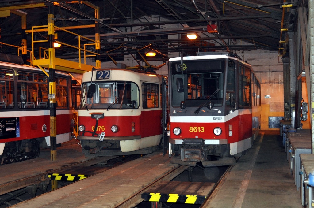 Praha, Tatra T6A5 nr. 8613; Praha, Tatra T3 nr. 6876; Praha — Tram depots