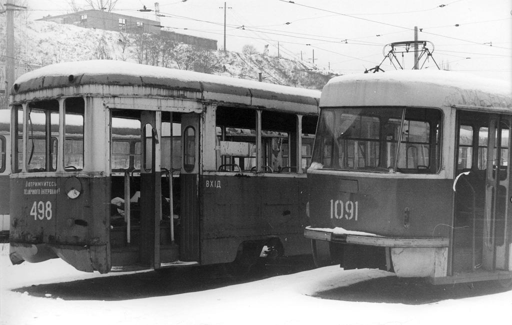 Dnipro, KTP-2 N°. 498; Dnipro, Tatra T3SU (2-door) N°. 1091; Dnipro — Old photos: Shots by foreign photographers; Dnipro — Tram depots