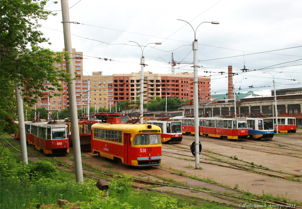 Ufa, 71-605A č. 1019; Ufa, RVZ-6M2 č. 531; Ufa, 71-605A č. 1022; Ufa — Tramway Depot No. 1 named after S. I. Zorin