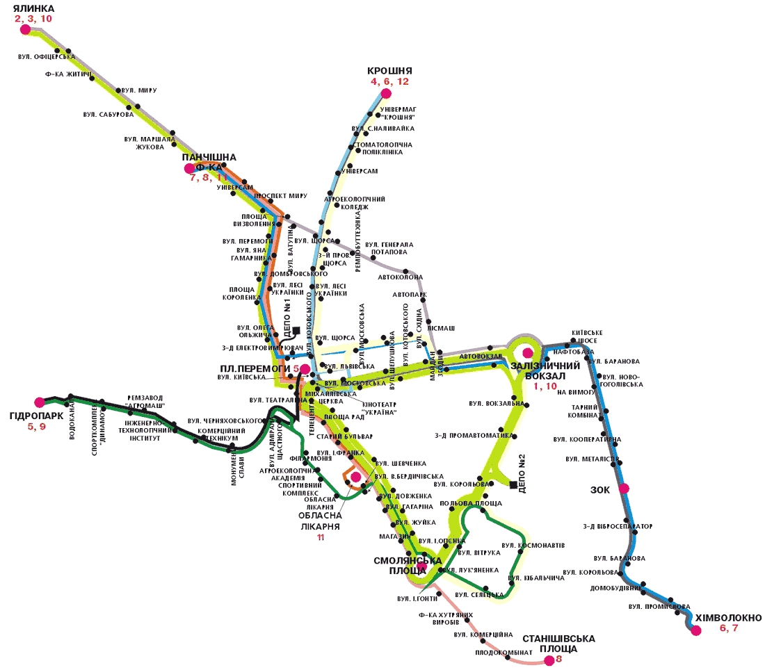 Житомир — Схемы трамвайного (с 1975 г.) и троллейбусных маршрутов