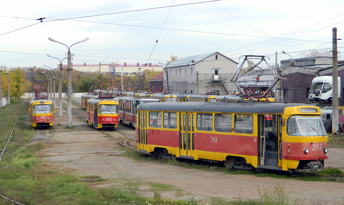 Ufa, Tatra T3D nr. 2143; Ufa, Tatra T3SU nr. 2081; Ufa, Tatra T3SU nr. 2063; Ufa — Fan trip 11.10.2011; Ufa — Tramway Depot No. 2 (formerly No. 3)
