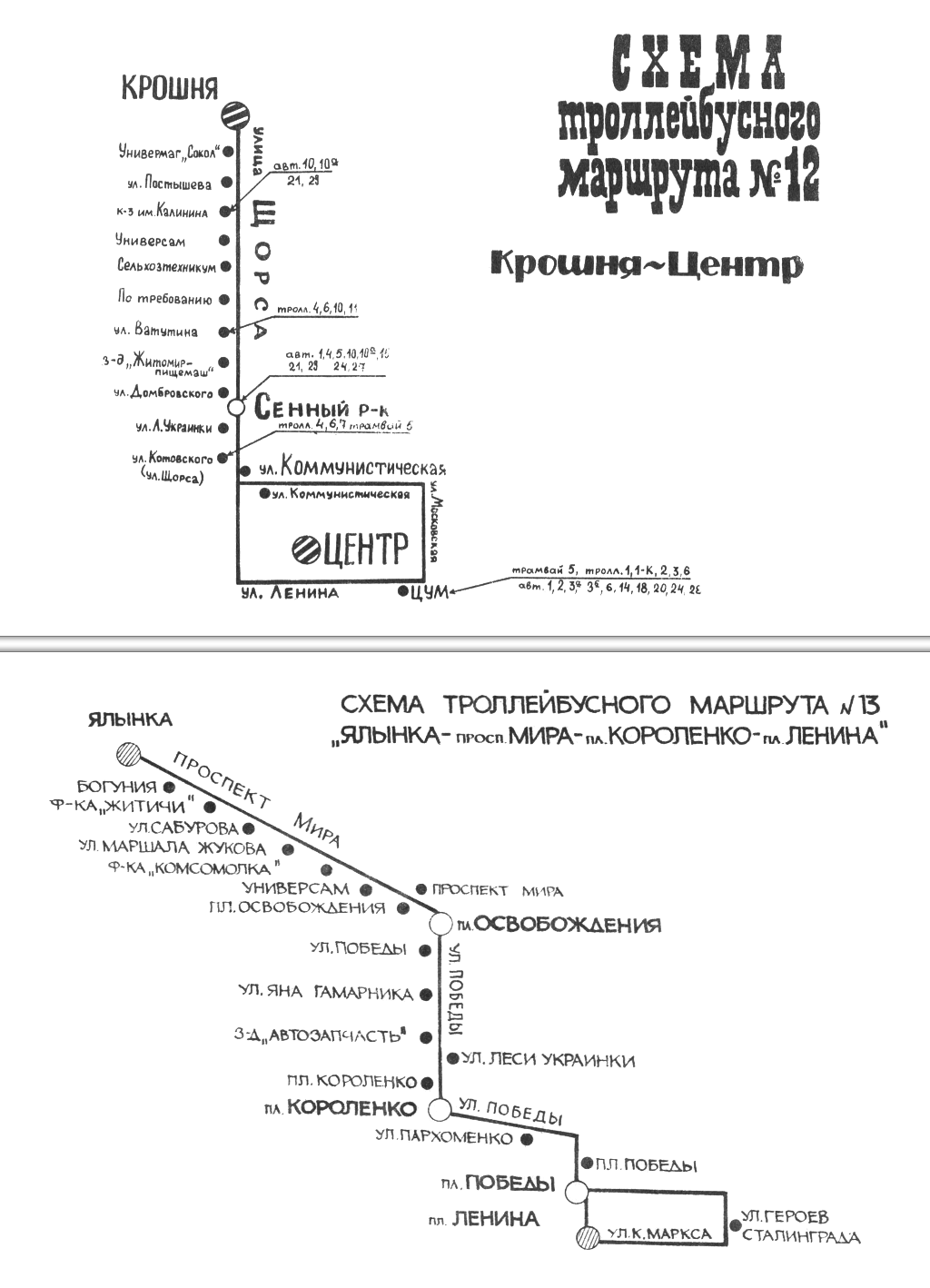 Жытомір — Схемы трамвайного (с 1975 г.) и троллейбусных маршрутов