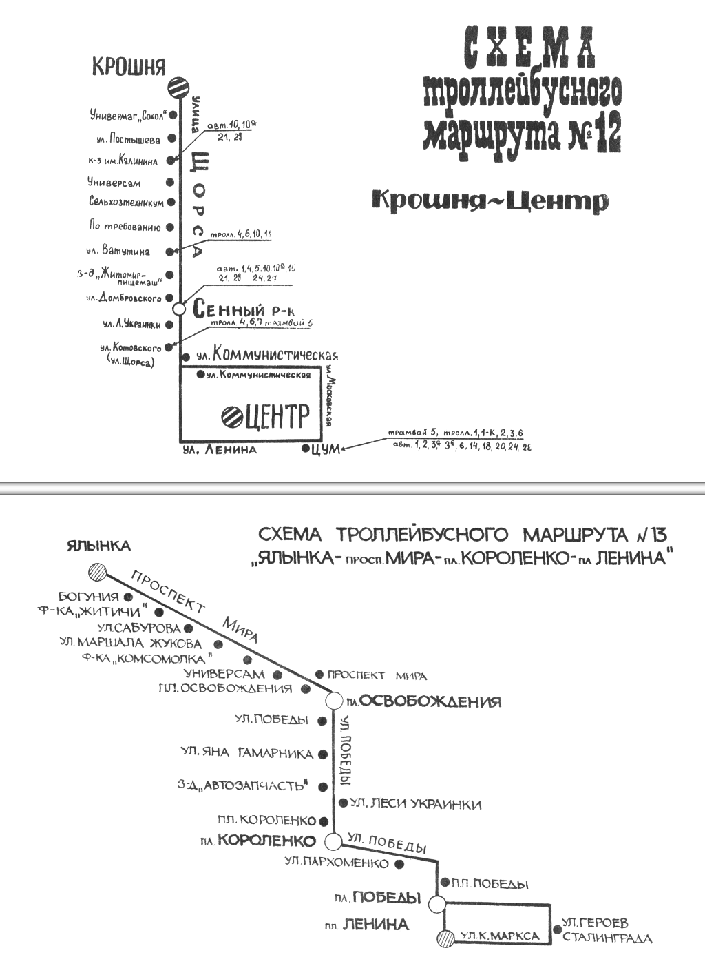 Житомир — Схемы трамвайного (с 1975 г.) и троллейбусных маршрутов