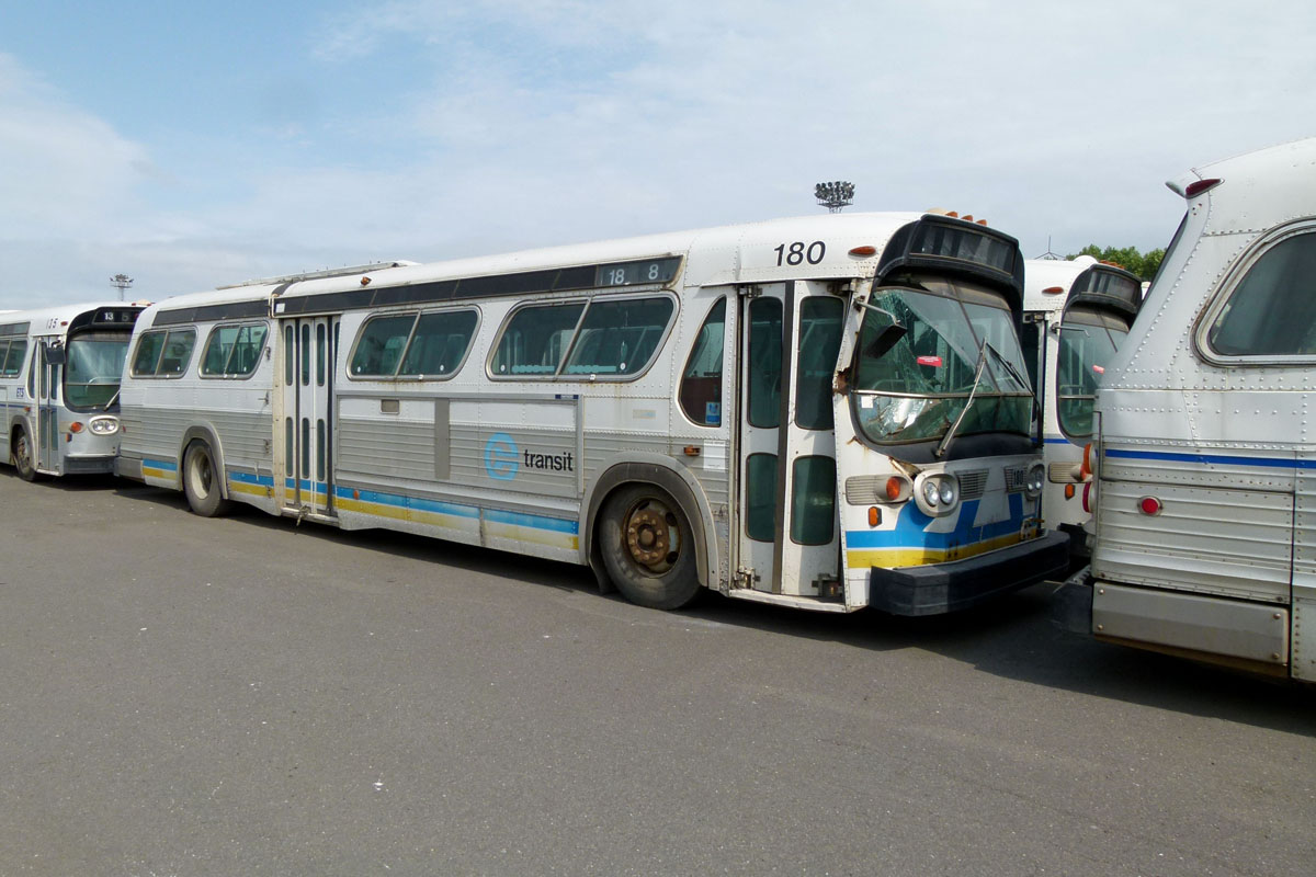 Burgas, General Motors/Brown Boveri HR150G # 180; Edmonton — Edmonton Fishbowl Trolleybuses at the seaport in Burgas, Bulgaria; Plovdiv — The Fishbowl Trolleybuses from Canada