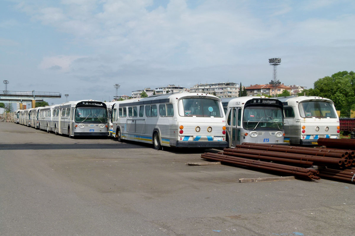 Burgas, General Motors/Brown Boveri HR150G nr. 129; Burgas, General Motors/Brown Boveri HR150G nr. 126; Burgas, General Motors/Brown Boveri HR150G nr. 152; Burgas, General Motors/Brown Boveri HR150G nr. 157; Edmonton — Edmonton Fishbowl Trolleybuses at the seaport in Burgas, Bulgaria; Plovdiv — The Fishbowl Trolleybuses from Canada