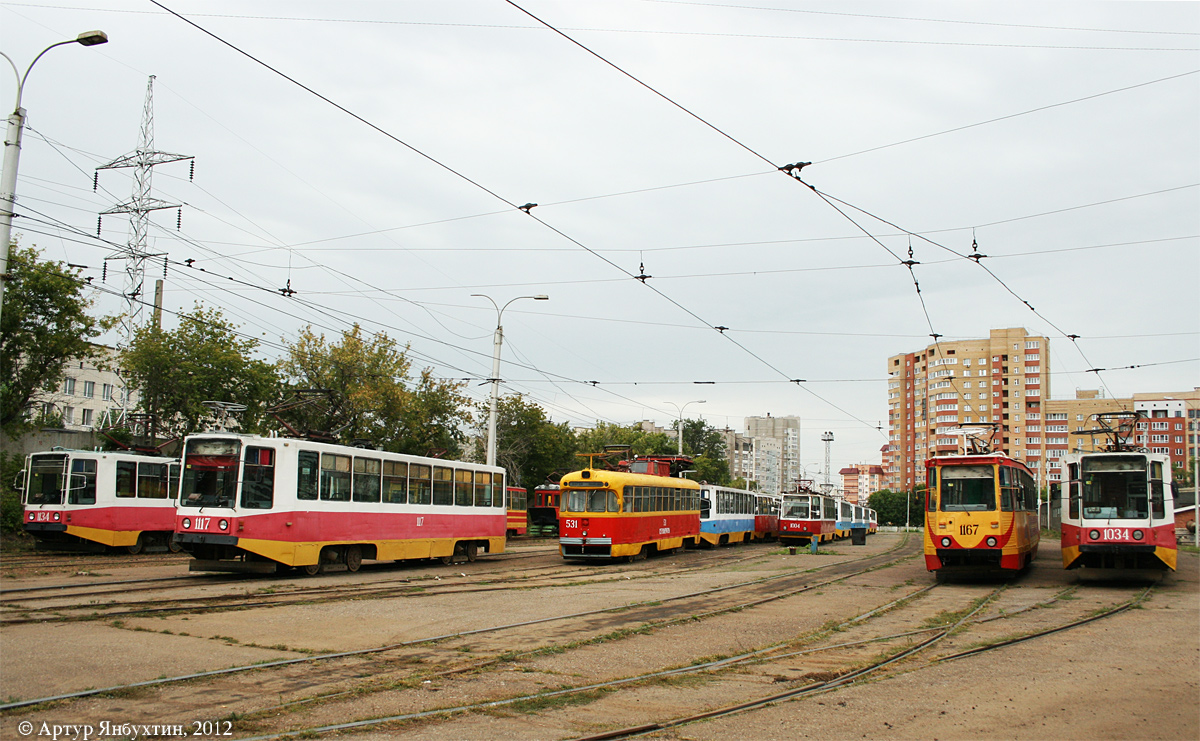 Ufa, 71-608K # 1117; Ufa, RVZ-6M2 # 531; Ufa, 71-605A # 1167; Ufa, 71-608K # 1034; Ufa — Tramway Depot No. 1 named after S. I. Zorin