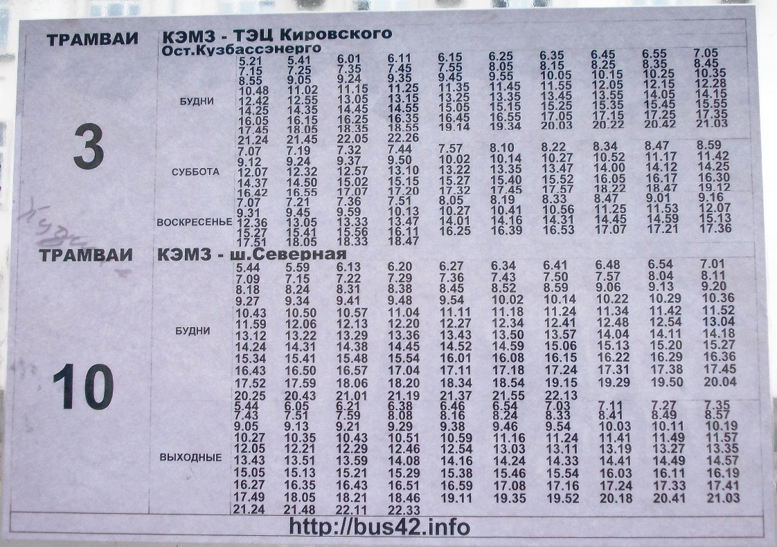 Расписание трамваев Кемерово.