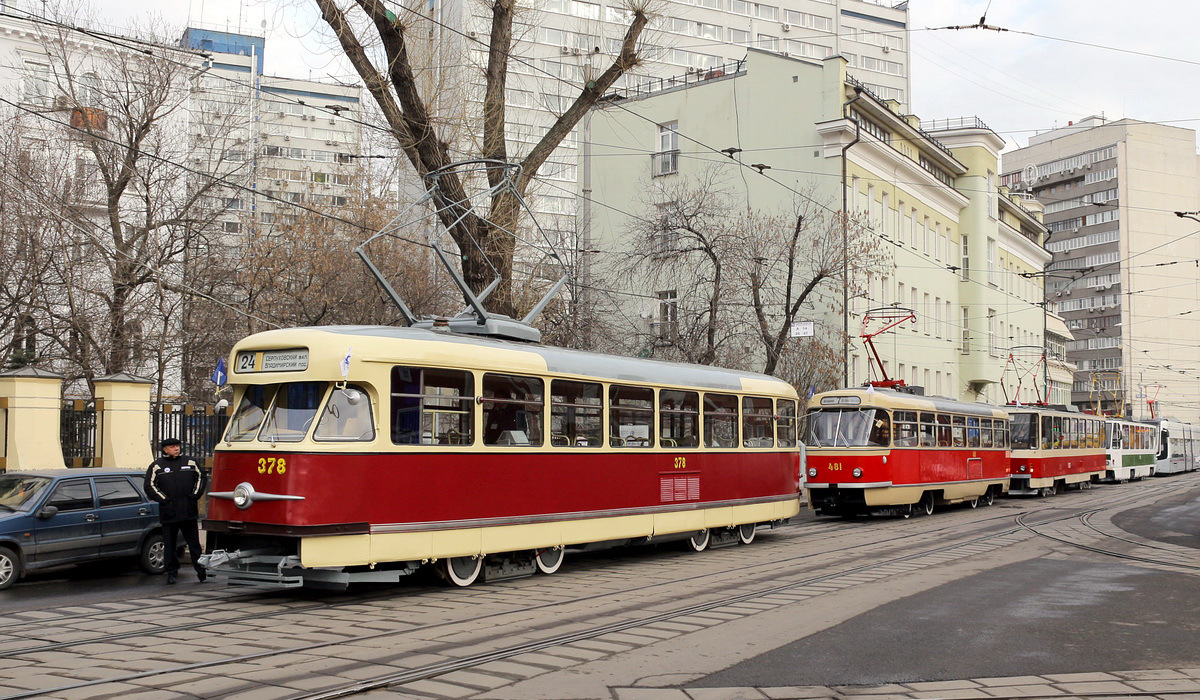 Moskva, Tatra T2SU № 378; Moskva, Tatra T3SU (2-door) № 481; Moskva, Tatra T6B5SU № 0001; Moskva — Parade to115 years of Moscow tramway on April 12, 2014