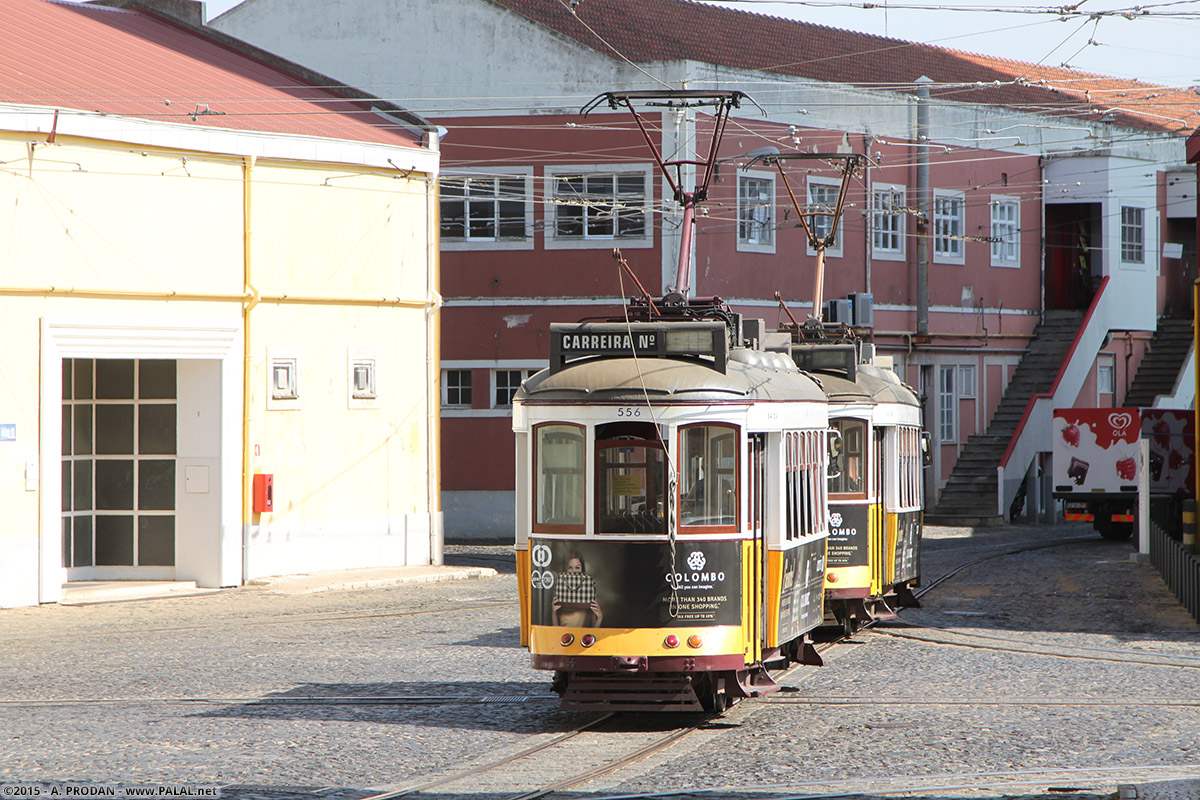 Lisbon, Carris 2-axle motorcar (Remodelado) № 556; Lisbon — Tram — Estação de Santo Amaro (depot)