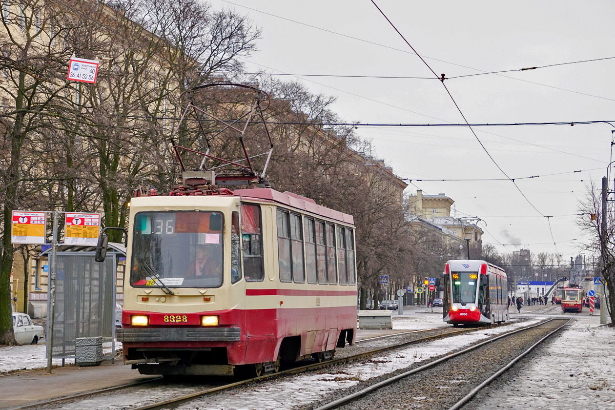 Санкт-Петербург, 71-134К (ЛМ-99К) № 8328; Санкт-Петербург, 71-801 (Alstom Citadis 301 CIS) № 8900