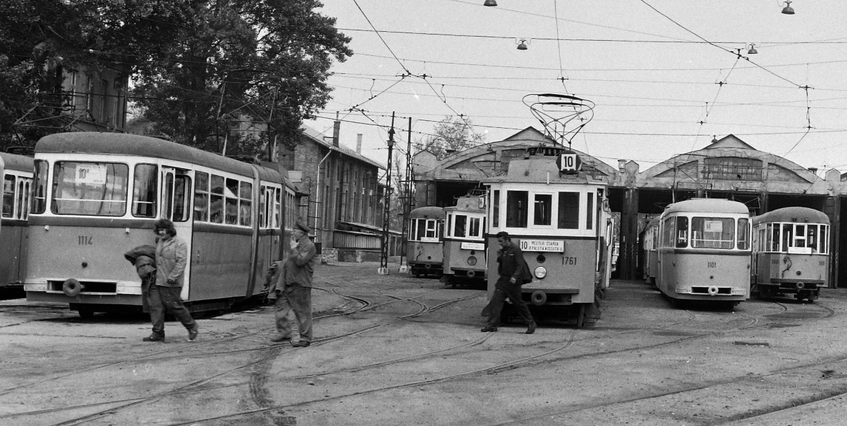 Budapest, CSM-2 № 1114; Budapest, BKVT S (Ganz) № 1761; Budapest, CSM-2 № 1101; Budapest, Ganz DP № 5626; Budapest — Tram depots