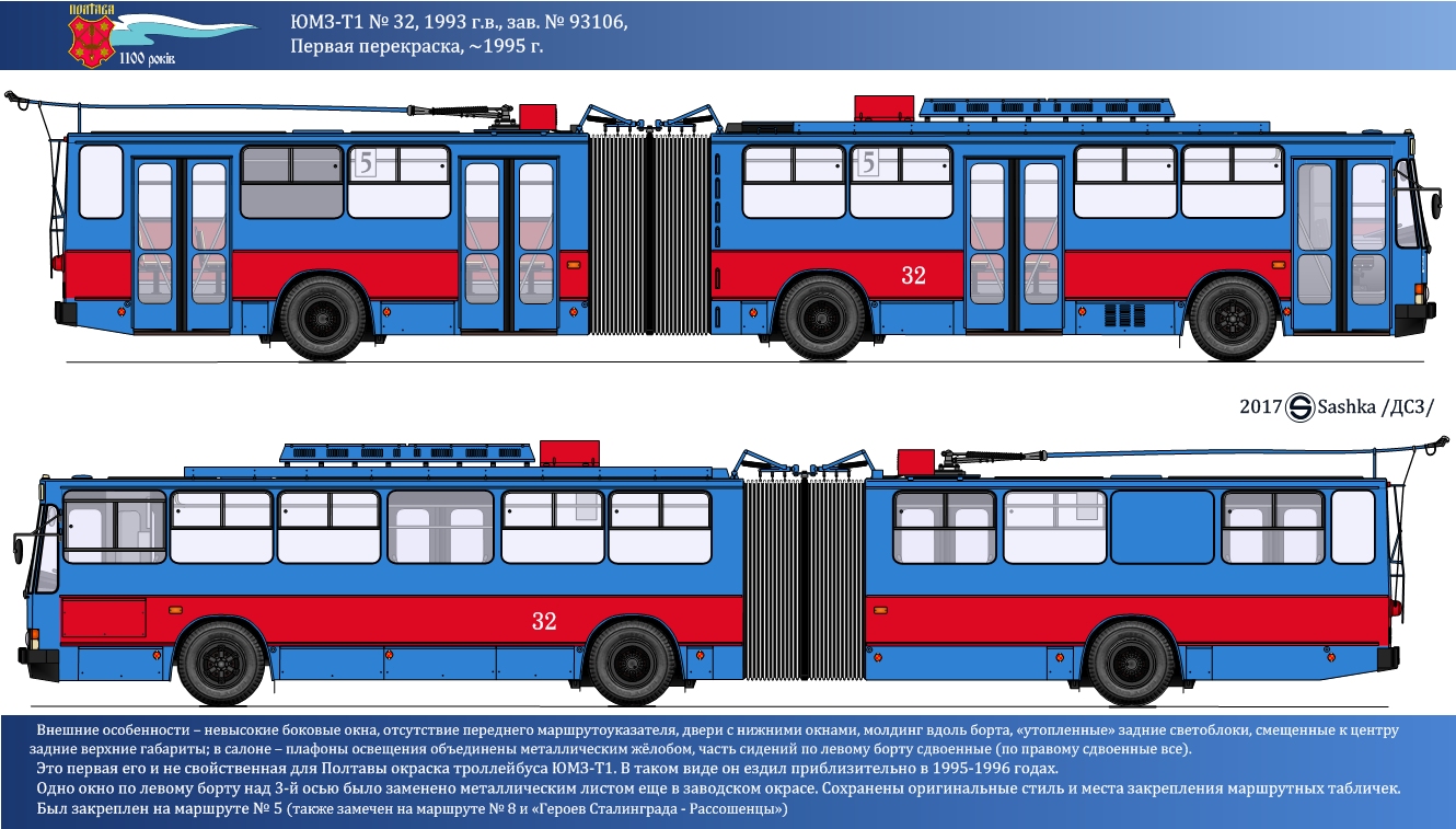 Полтава, ЮМЗ Т1 № 32; Рисунки и чертежи подвижного состава; Полтава — Схемы окраски троллейбусов ЮМЗ-Т1 (1993 — начало 2000-х)