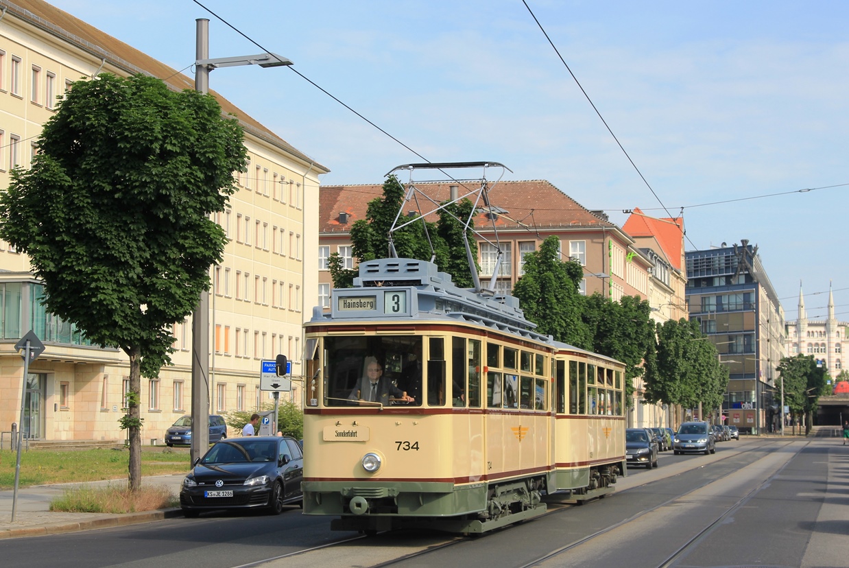 Дрезден, Двухосный моторный Busch № 734 (201 305); Дрезден — 25 лет Трамвайного музея — 50 лет Татры (03.06.2017)