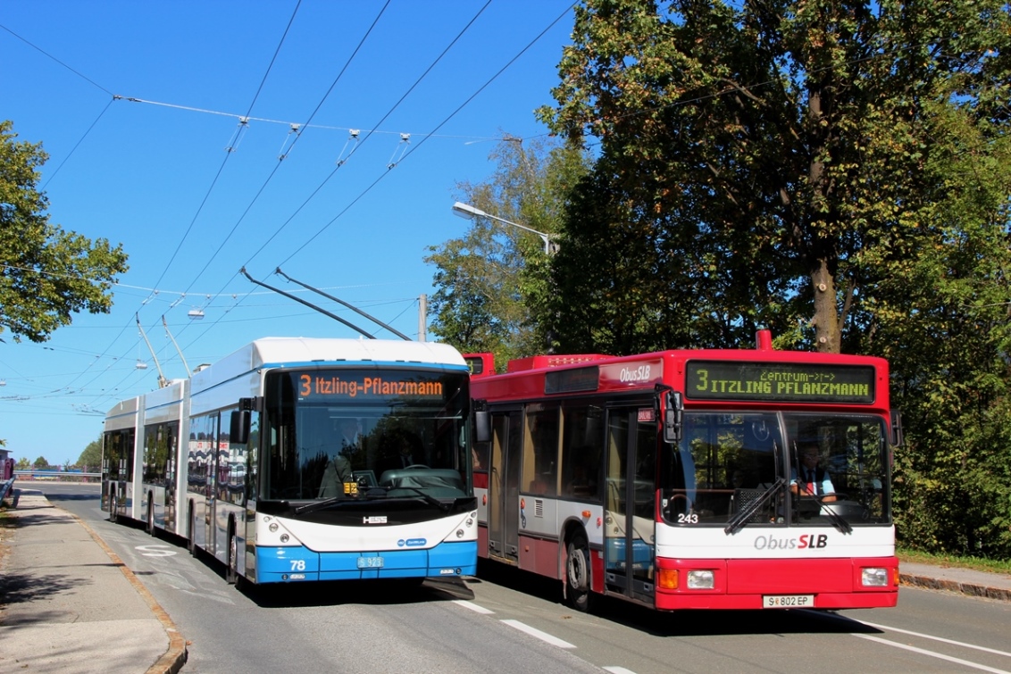 Salzburg, Hess lighTram (BGGT-N2D) Nr. (78); Salzburg, Gräf & Stift J13 NGT204 M16 Nr. 243; Salzburg — Testing of three-section trolleybuses