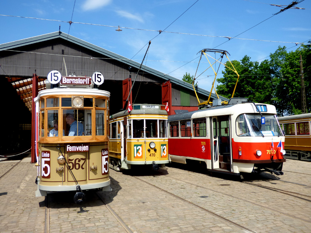 Skjoldenæsholm, 2-axle motor car # 567; Skjoldenæsholm, KS 2-axle motor car # 470; Skjoldenæsholm, Tatra T3SUCS # 7079; Skjoldenæsholm — 40 year jubilee of Sporvejsmuseet — 26.05.2018.