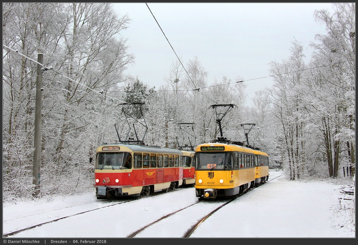 Дрезден, Tatra T4D № 222 998 (201 315); Дрезден, Tatra T4D-MT № 224 218; Дрезден — Последний день трамвайного движения в кольце «Дибштайг» (04.02.2018)