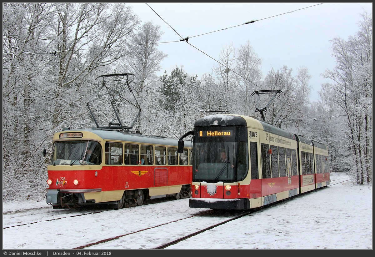Дрезден, Tatra T4D № 222 998 (201 315); Дрезден, Bombardier NGT D8 DD 	 № 2625; Дрезден — Последний день трамвайного движения в кольце «Дибштайг» (04.02.2018)