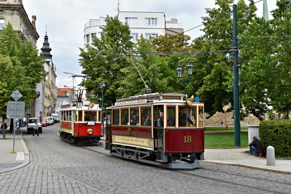 Plzeň, Křižík 2-axle motor car # 18; Prague, Ringhoffer DSM # 351; Plzeň — Oslava výročí 120 let MHD v Plzni / Celebrating the 120th anniversary of public transport in Pilsen