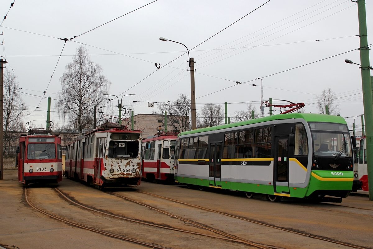 Санкт-Петербург, ЛВС-86К № 5103; Санкт-Петербург, ЛВС-86К № 5055; Санкт-Петербург, ЛМ-68М2 (мод. СПб ГЭТ) № 5409; Санкт-Петербург — Трамвайный парк № 5