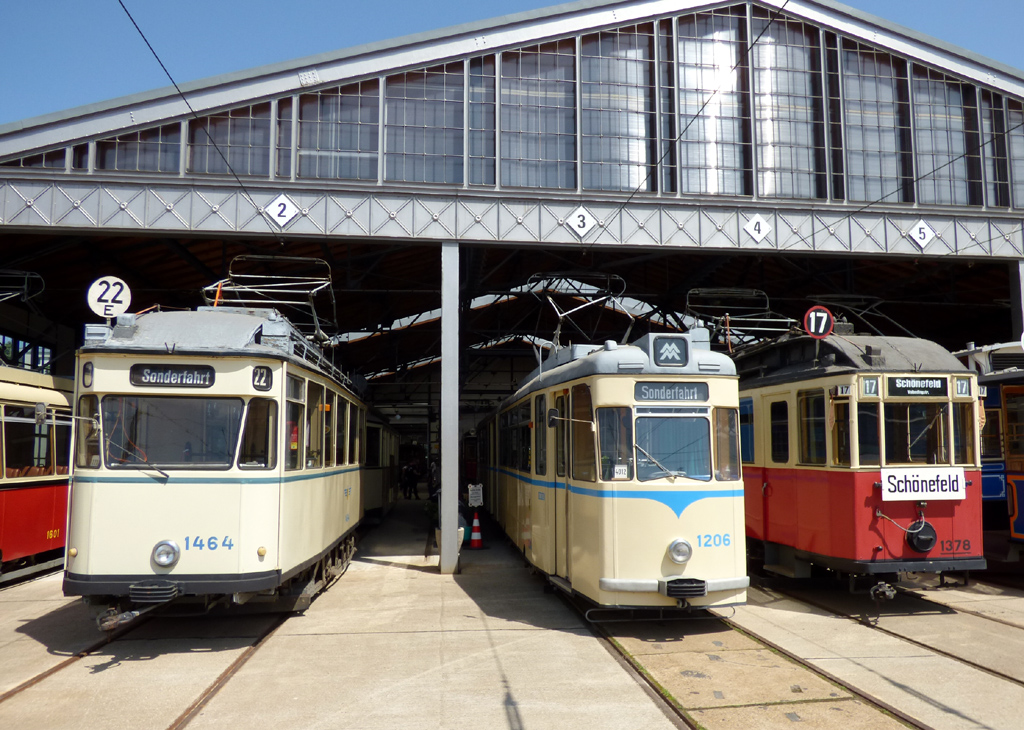 Leipzig, Dessau 2-axle motor car # 1464; Leipzig, Gotha G4-65 # 1206; Leipzig, Falkenried 3-axle motor car # 1378