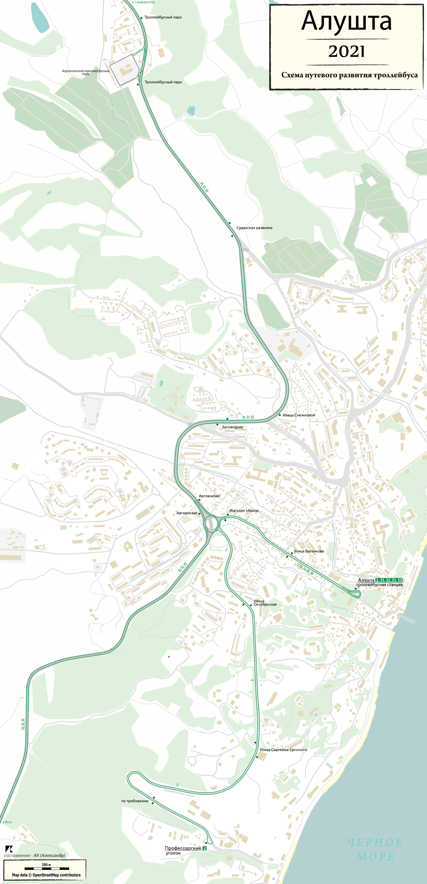 Crimean trolleybus — Maps and Timetables; Maps made with OpenStreetMap