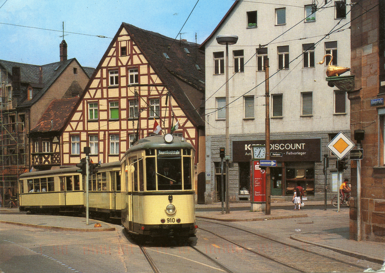 Nürnberg, Duewag T2 Nr. 910; Nürnberg, MAN 2-axle trailer car Nr. 1258; Nürnberg, MAN 2-axle trailer car Nr. 1278