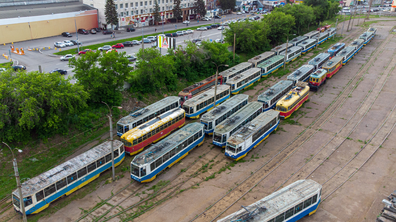 Ufa, 71-608KM # 1030; Ufa, 71-608K # 1164; Ufa, RVZ-6M2 # 1104; Ufa, 71-608K # 1162; Ufa, 71-608K # 1145; Ufa, 71-132 (LM-93) # 1005; Ufa, RVZ-6M2 # 531; Ufa, RGS-2 # 510; Ufa, VTK-24 # 509; Ufa — Tramway Depot No. 1 named after S. I. Zorin