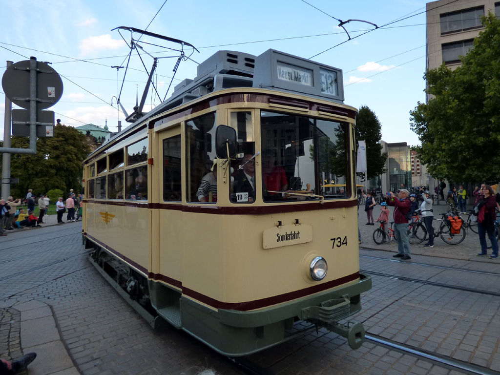 Дрезден, Двухосный моторный Busch № 734 (201 305); Дрезден — 150 лет трамвайному движению в Дрездене (24.09.2022)