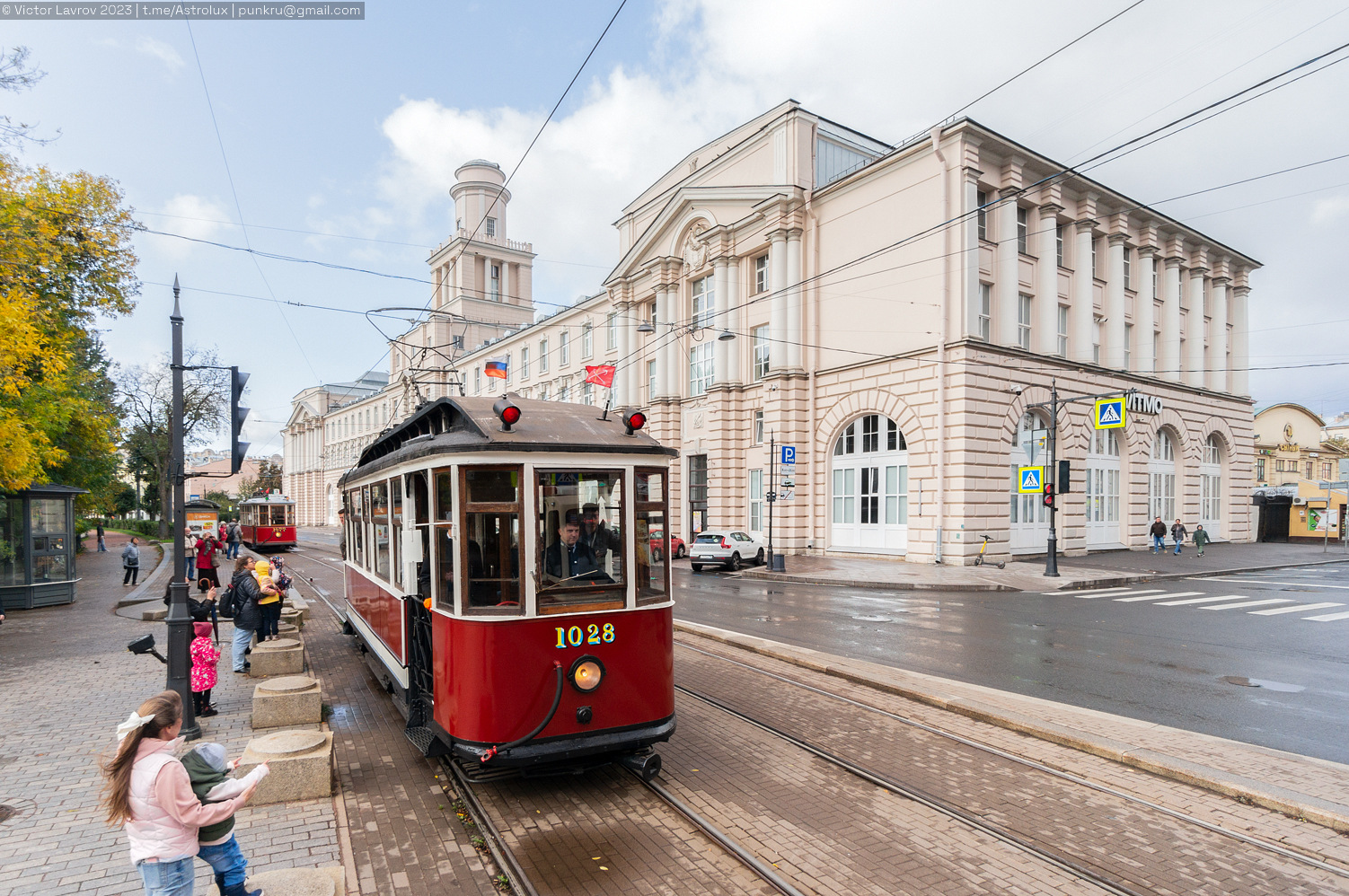 Sankt Peterburgas, 2-axle motor car nr. 1028; Sankt Peterburgas — Parade in honor of the 116th anniversary of the St. Petersburg tram — 01.10.2023