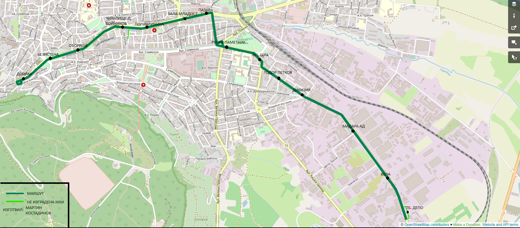 Maps made with OpenStreetMap; Shumen — Unfinished Trolleybus Network