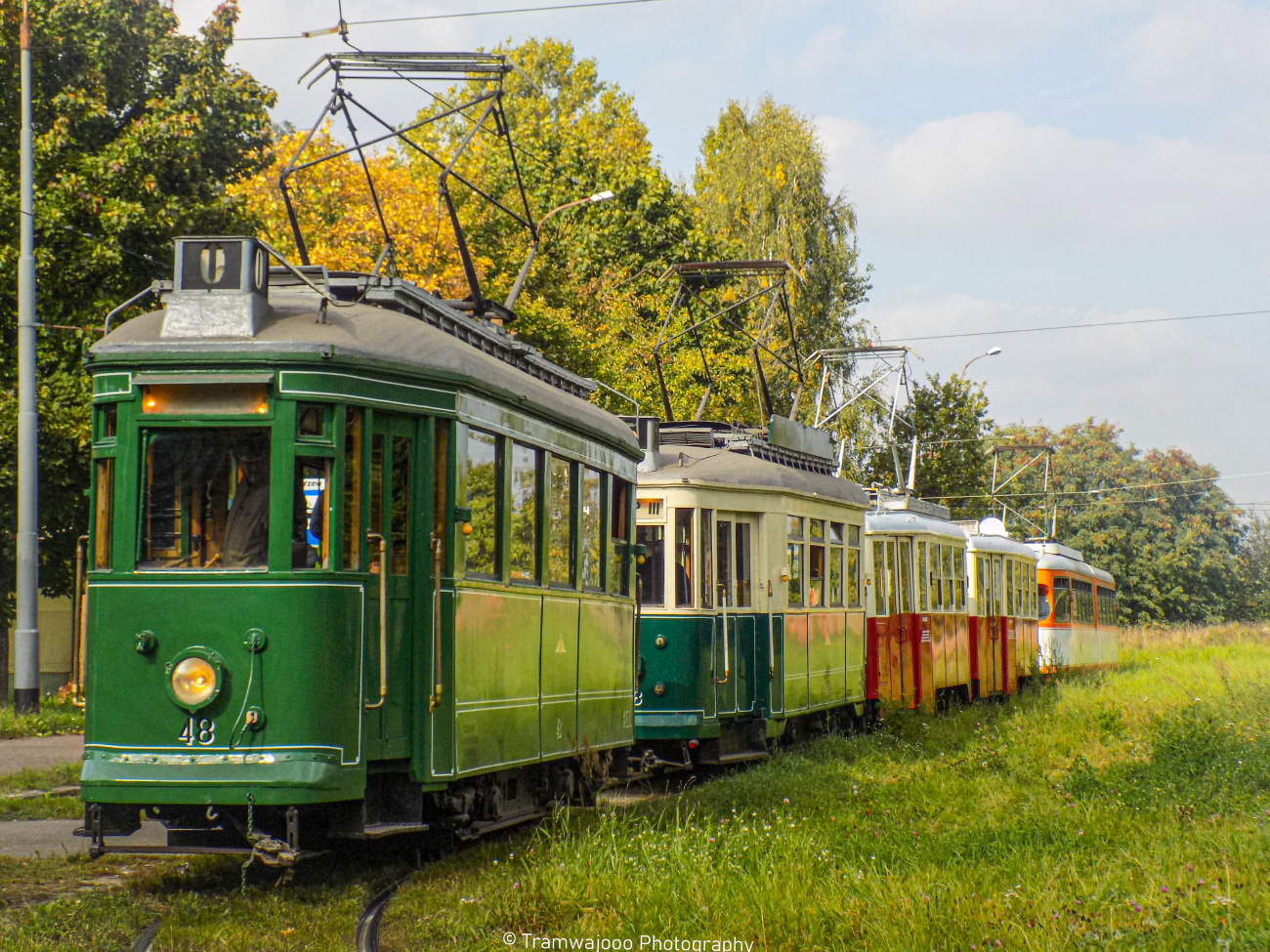 Lodz, Lilpop II č. 48; Lodz, FWŚ 5ND1 č. 644; Lodz, Duewag GT6 č. 805; Lodz — 40 years of the Old Tram Lovers Club — 2.10.2021