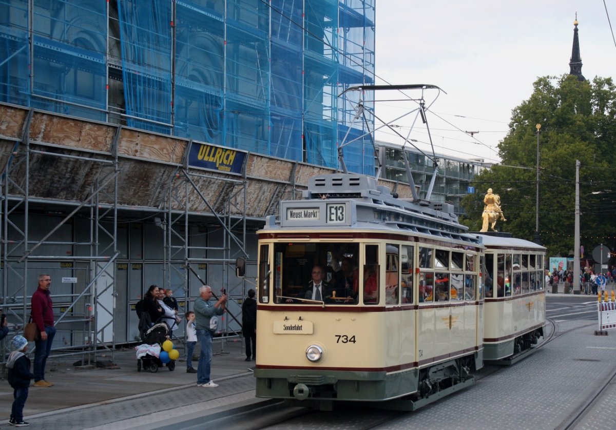 Дрезден, Двухосный моторный Busch № 734 (201 305); Дрезден — 150 лет трамвайному движению в Дрездене (24.09.2022)